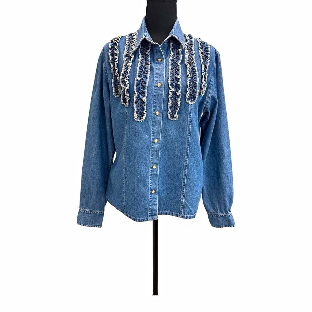 Roughrider Women’s Blue Denim Ruffle Button-Up Collared Long Sleeve Shirt Size M